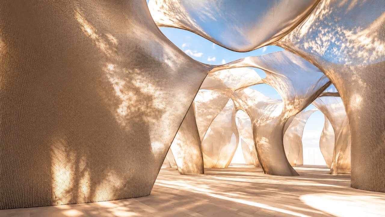 Paperus brand artwork: sculptural arches opening onto a blue sky