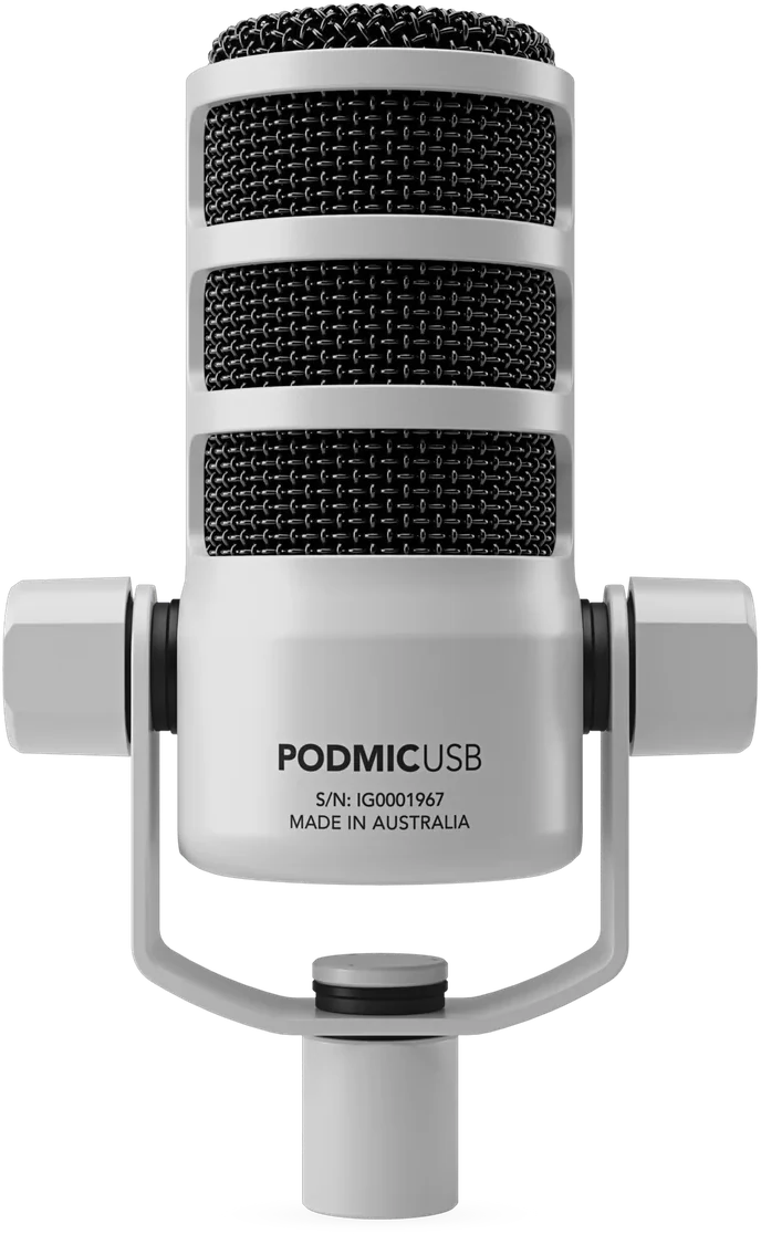 RØDE PodMic USB in white, seen from the front
